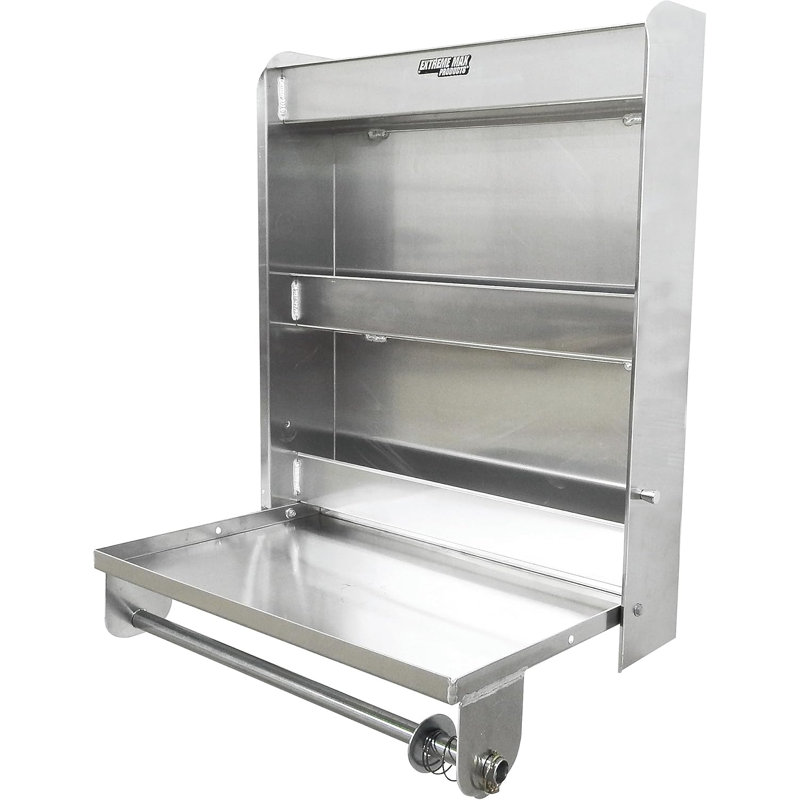Aluminum Work Station Storage Cabinet With Flip-Out Work Tray And Paper Towel Rack Organizer For Garage, Shop, And Enclosed Trailers