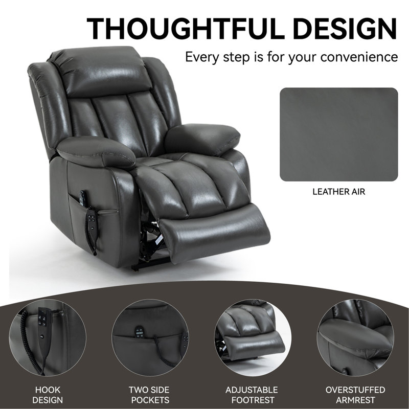Dual Motor Infinite Position Up To 350 LBS Electric Medium Size Leatheraire Grey Power Lift Recliner Chair With 8-Point Vibration Massage And Lumbar Heating