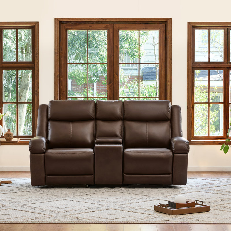 Canapé inclinable électrique 2 places en cuir pleine fleur de 75,6 pouces avec console et chargeur sans fil, Brun