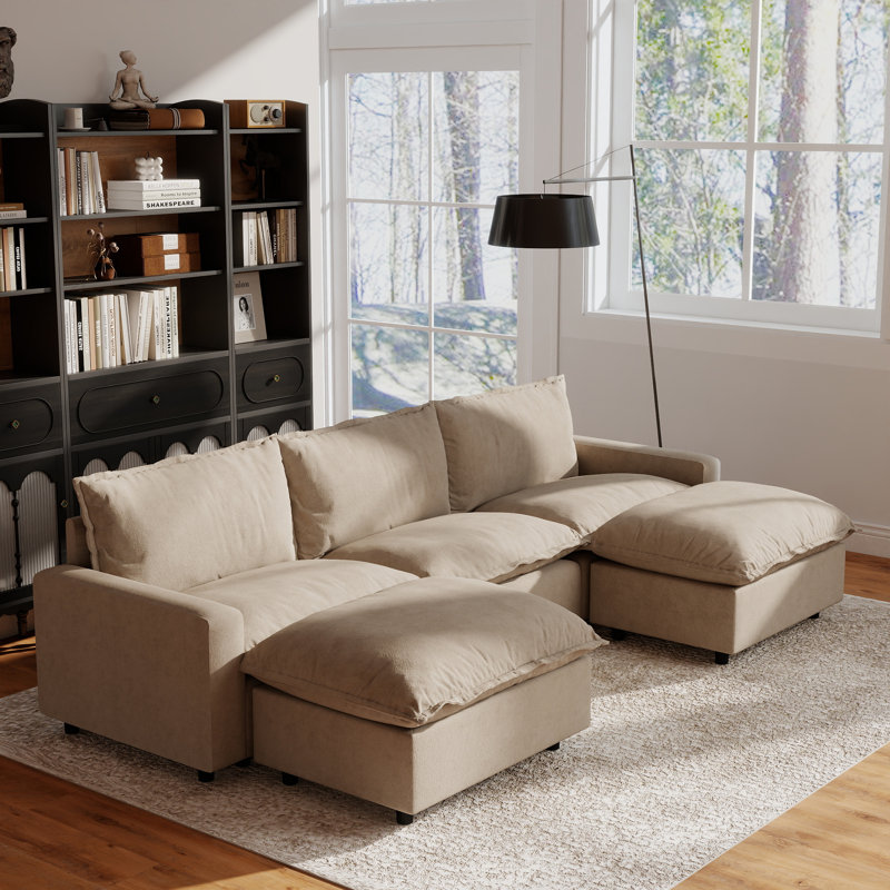 5-Piece Upholstered Modular Linen Fabric Sectional With Ottoman, Khaki Linen, 35.04" H x 116.14" W x 59.44" D