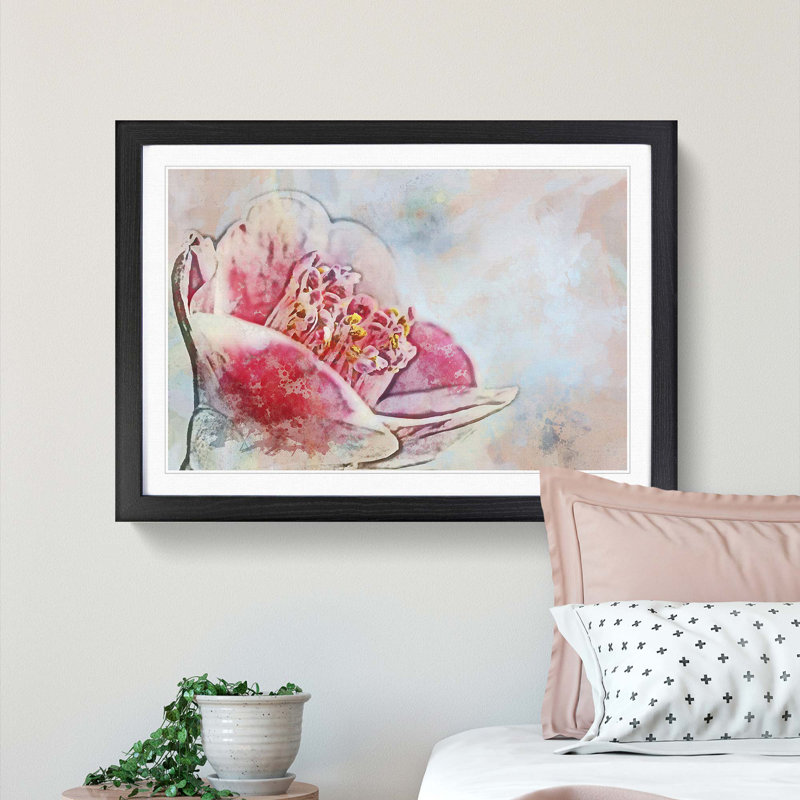 Blossoming Pink Camellia Flower in Abstract - Picture Frame Painting Print, Black Framed, 62cm H x 87cm W x 2cm D