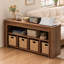 Bibliothèque de 160 cm avec 4 paniers tressés, tablette basse horizontale en bois de style campagnard, rangement pour livres