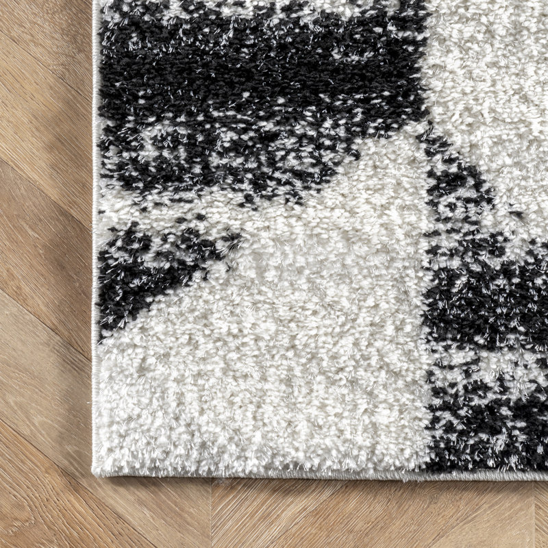 Tapis noir et blanc à motif géométrique, Rectangle 2 pi 6 po x 6 pi