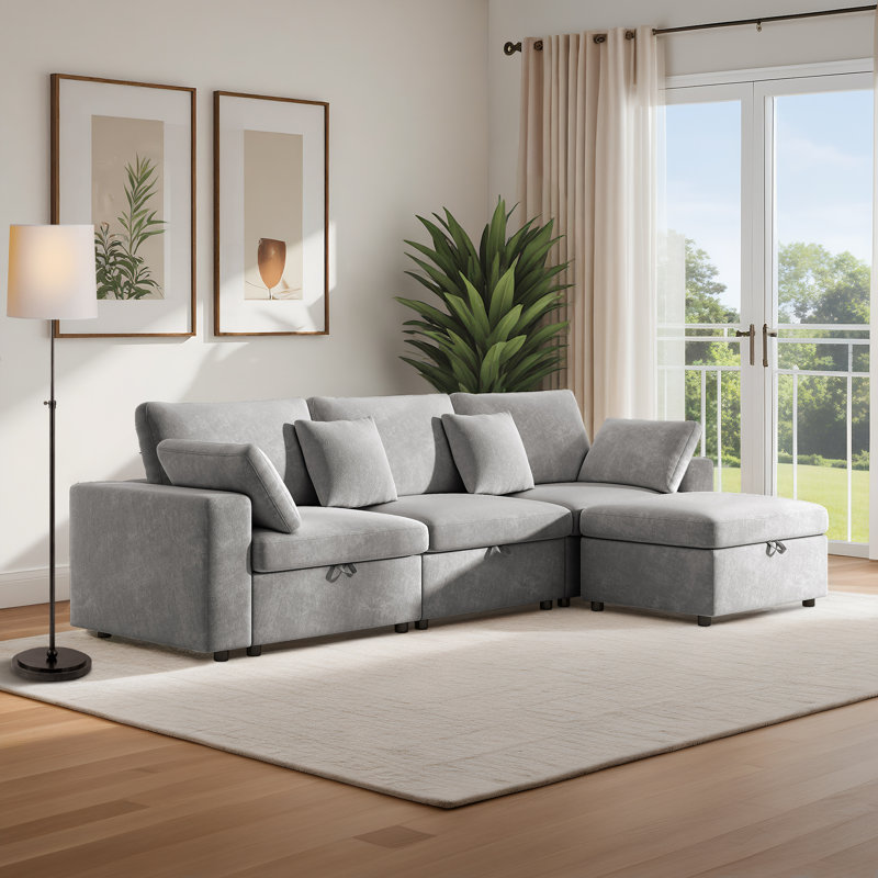 Canapés modulaires spacieux en velours gris avec repose-pieds avec rangement, canapé moderne en forme de L pour la maison