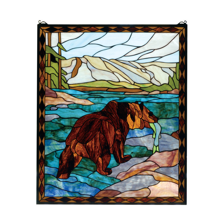 Grizzly Bear Stained Glass Window Panel