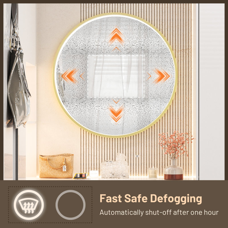 Fantina Round 3 Color Adjustable LED Metal Framed Wall Mirror with Anti-fog, 28" x 28", Gold