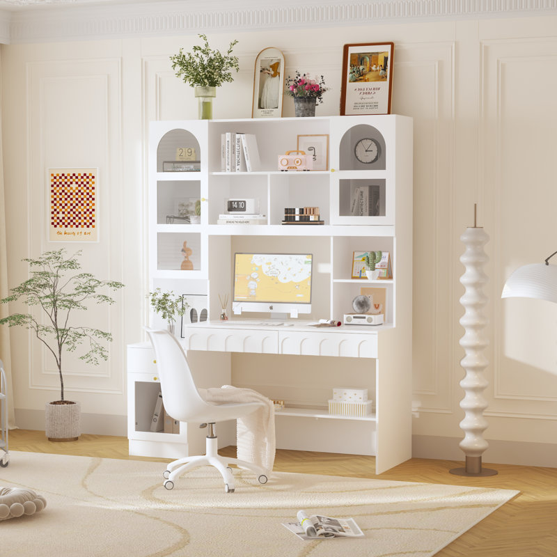 Bureau d'ordinateur en bois massif et manufacturé avec huche à 3 tiroirs Calo, Blanc