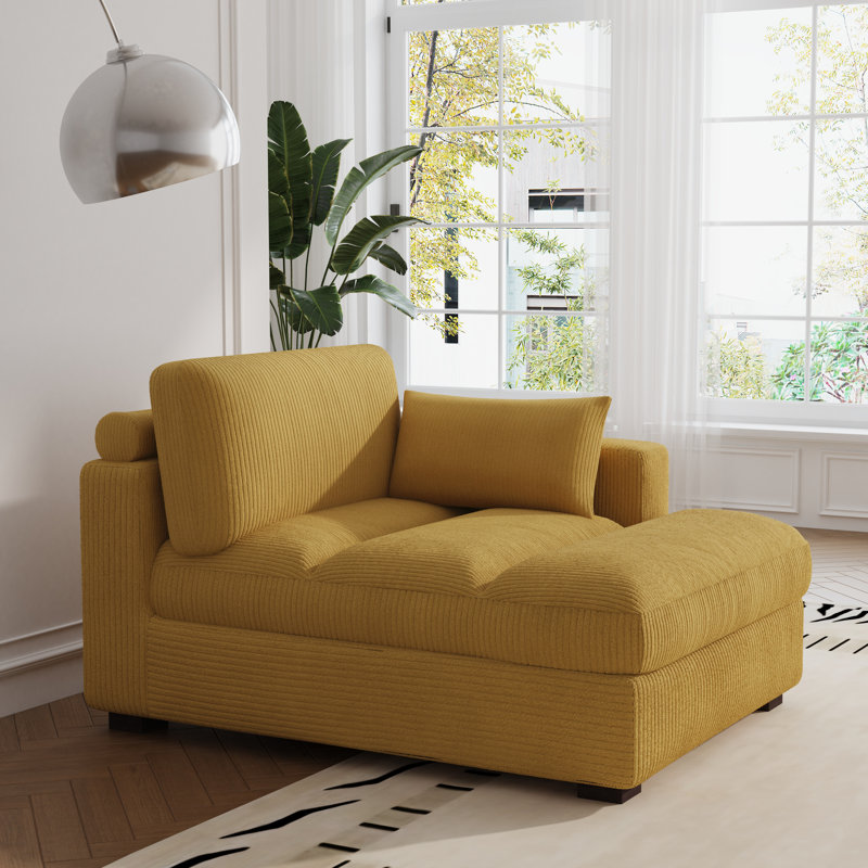 Bentura Oversized Upholstered Orange Corduroy Chaise Lounge with Armrests & Throw Pillows, Orange Corduroy, Right Hand Facing