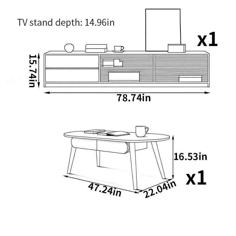 Meuble télé et table basse en bois massif, Brun