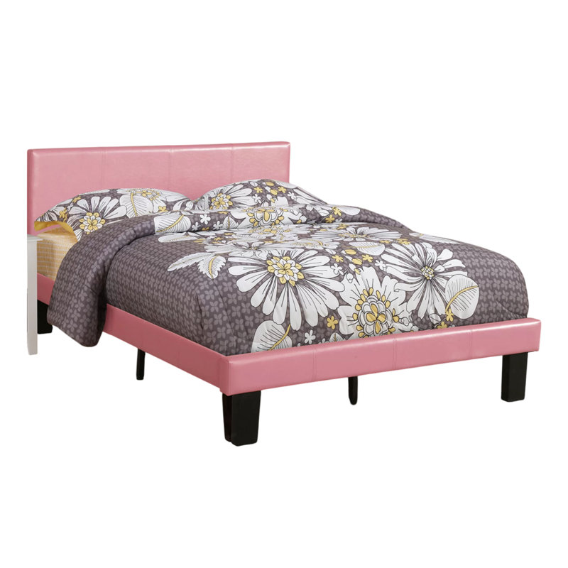 Lit double traditionnel en bois avec revêtement en similicuir rose