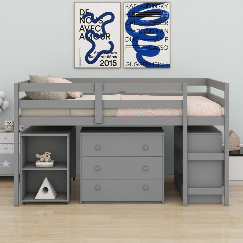 Lit mezzanine bas avec tablette, tiroirs et bureau portatif à roulettes, gris