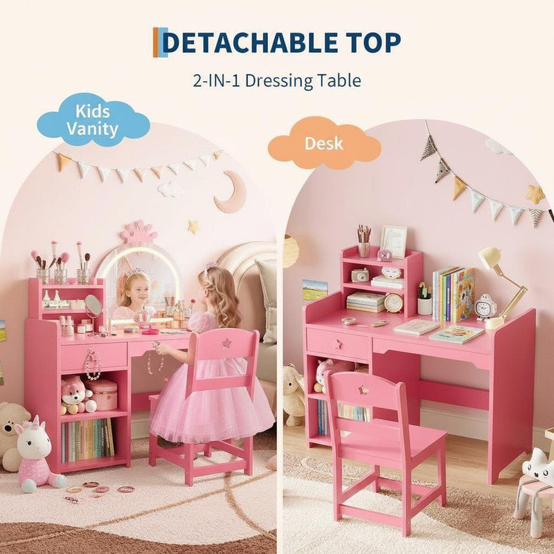Kids Vanity Table and Chair Set with Mirror and Lights, White Makeup Vanity Desk with Drawer and Open Storage Shelves, Wooden Dressing Table for Little Girls Bedroom