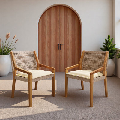 Chaise d'extérieur à manger - Bois d'acacia et osier avec meubles de patio à coussin crème - MP2 (ensemble de 2)