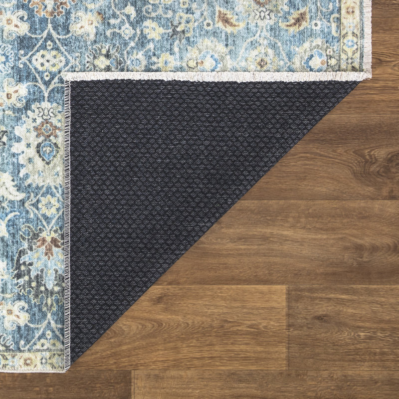 Tapis lavable antidérapant - Tapis oriental traditionnel bleu / beige pour vestibule, couloir, salle de bain et cuisine