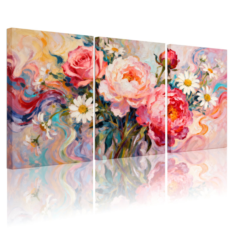 Plantes et fleurs, ensemble de 3 impressions sur toile avec roses et marguerites, H 30 po x l 60 po