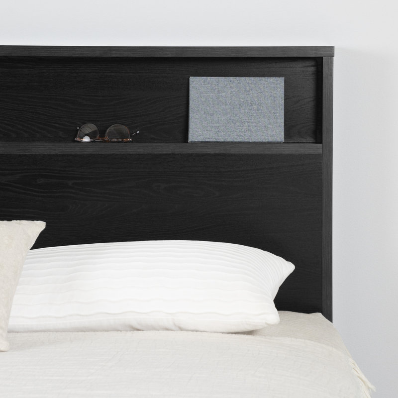 Black Oak Queen Platform Bed with Upholstered Headboard and Drawer