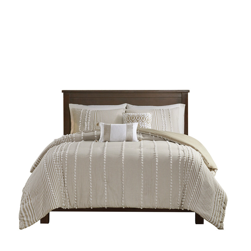 Housse de couette en coton teinté très grand avec des broderies en chenille taupe et blanches 100% Wonderful