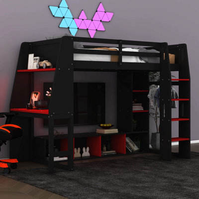 Lit mezzanine en bois pour lit simple avec bureau à DEL, lit mezzanine pour jouer avec tablettes multiples et support à vêtements suspendu