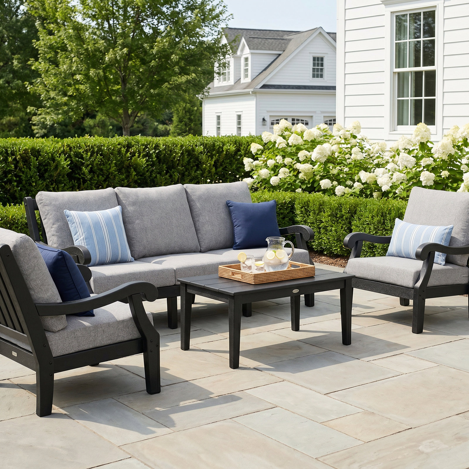 POLYWOOD® Verlyn 5-Person Patio Seating Group, Gray Mist Cushion/Black Frame