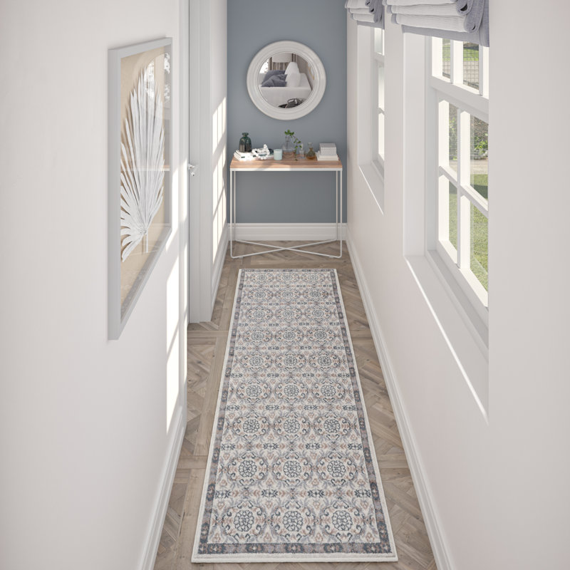 Hoban Oriental Scroll Cream/Gray/Blue Indoor Area Rug for Living Room, Bedroom, Dining Room, Runner 2'3" x 10'