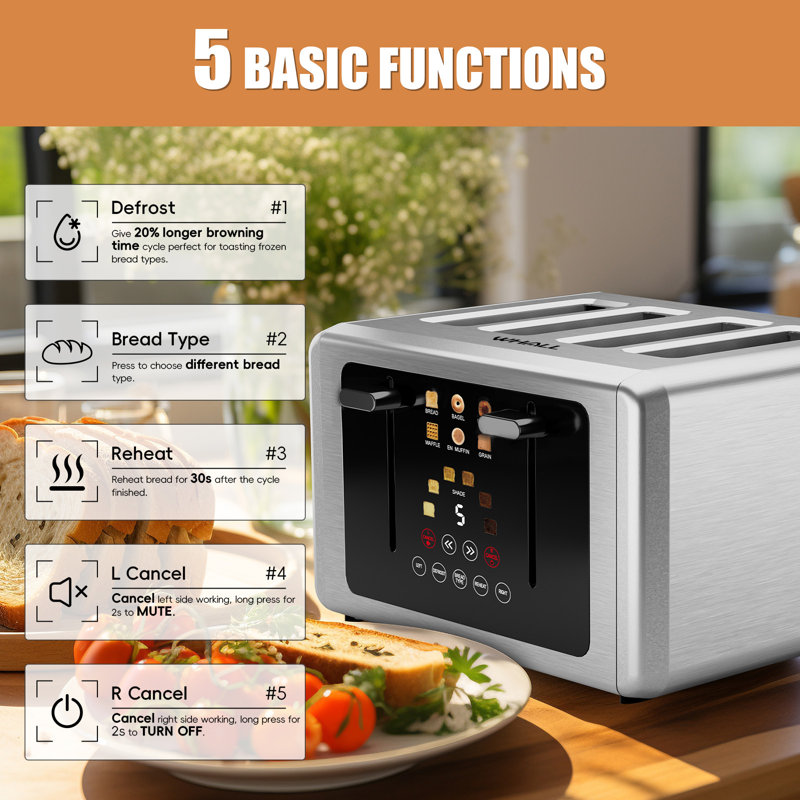 WHALL 4‑Slice Touchscreen Toaster, Digital Countdown Timer, 6 Bread Modes and Browning Shade Settings