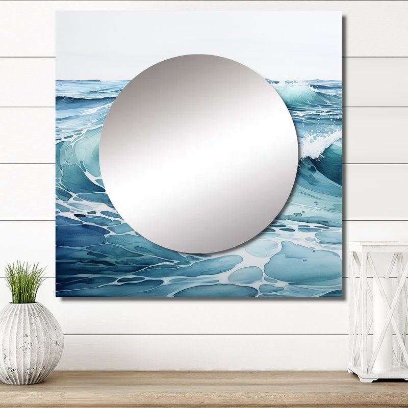 «Teal Minimalisme Tranquil Waters» - art mural miroir nautique et carré pour la salle de bain, 23 po x 23 po