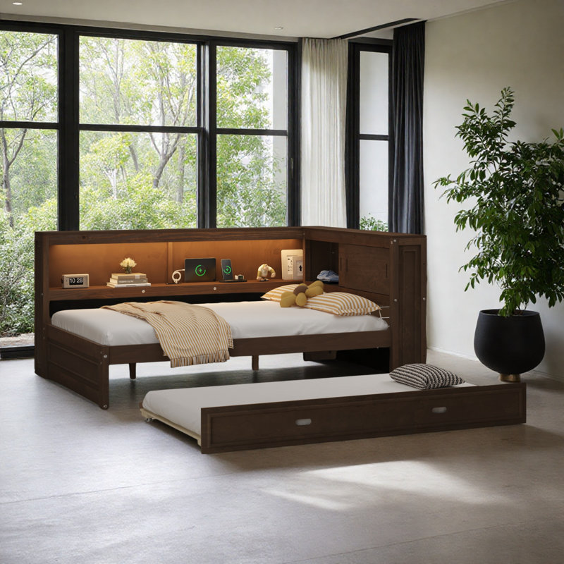 Full Size Wood Daybed With Trundle And Storage Shelves, Wood