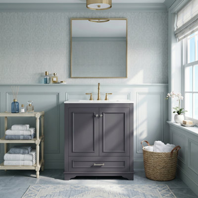 Meuble-lavabo de luxe 30 po avec lavabo en céramique, armoire de rangement en bois massif avec 2 grandes portes à fermeture douce