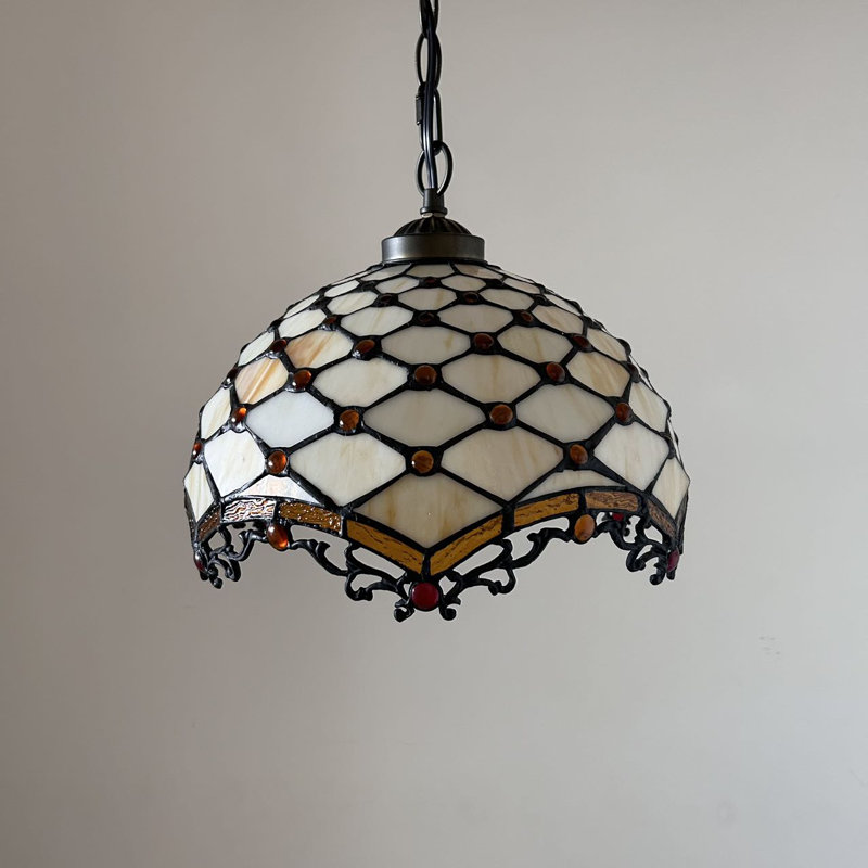Beige Stained Glass Crystal Bronze Pendant Light with LED Bulb