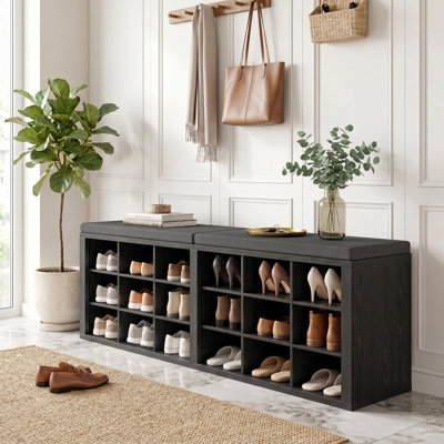 Shoe Storage Bench with Cushion, 18 Cubbies, Removable Dividers, 400lb, Entryway Hallway