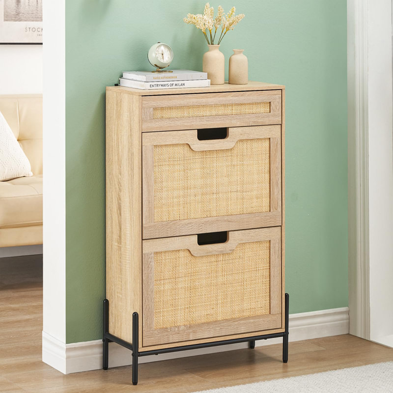 Entryway Shoe Cabinet With 2 Drawers, Slim Wooden Shoe Organizer With Linen Front Panels, Natural Wood