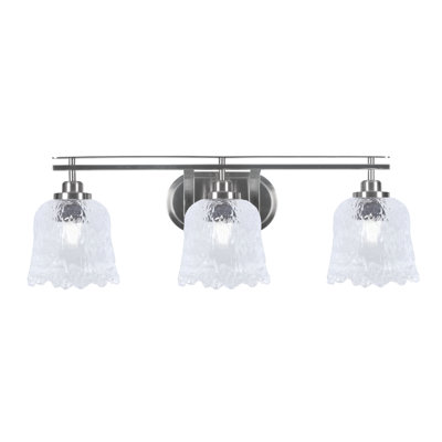 Odyssey 3 Light Bath Bar Shown In Brushed Nickel Finish With 7" Clear Lava Glass