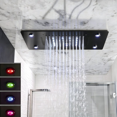 Douche de pluie à DEL noire mate avec télécommande Mosson, douche de plafond rectangulaire en laiton massif 19 po x 14 po