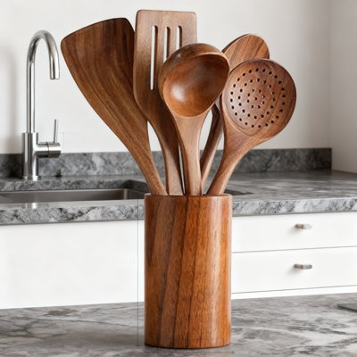 7-Piece Acacia Wood Spatula And Spoon Set For Nonstick Cookware, Japanese Style Wooden Turner And Soup Ladle For Cooking And Serving