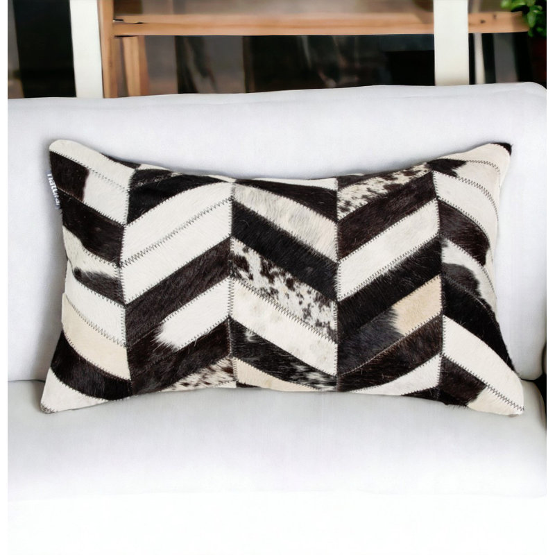 Black and Natural Chevron Cowhide Throw Pillow with Microsuede Backing