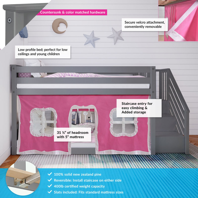 Harjeet Kids Twin Over Twin Bunk Bed, Pink, Gray