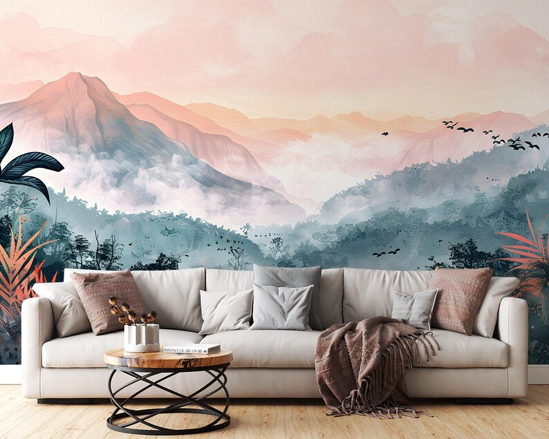 Soft Blush Tropical Mountain Landscape Wall Mural, 108" L x 160" W
