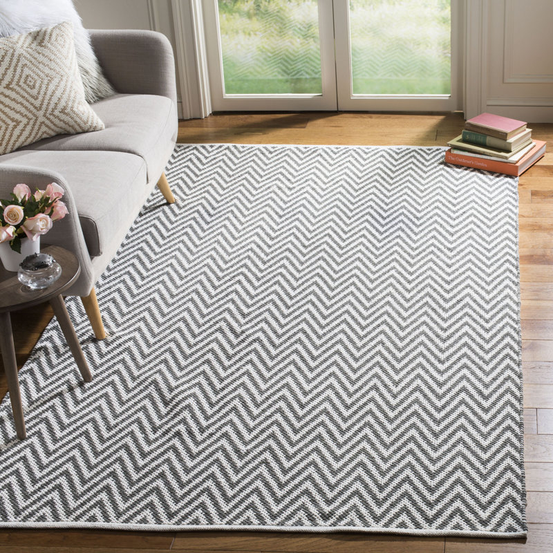 Tapis ivoire / gris en coton tissé à la main Alpo, Rectangle 6 pi x 9 pi