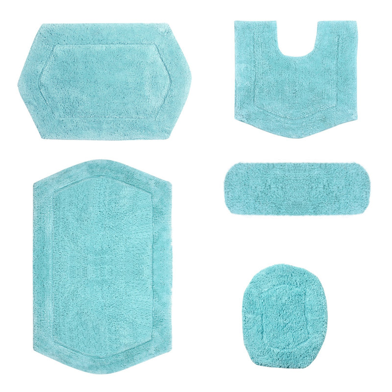 Athyrium Cotton 5 Piece Bath Rug Set, Non-Slip, Quick Dry, Machine Washable, Ultra Absorbent, Turquoise