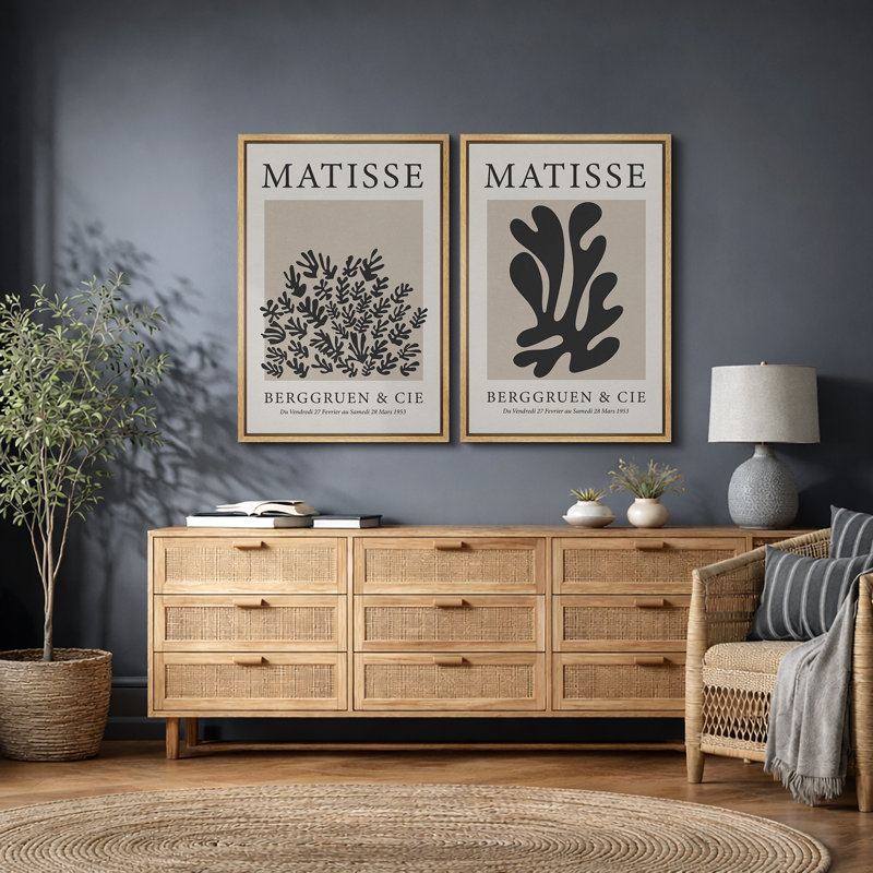 Classical Artwork "Henri Matisse, art botanique noir moderne, images murales neutres modernes, impression sur toile encadrée, ensemble de 2 pièces d'art mural" 16 x 24 x 2, 24 x 36 x 2