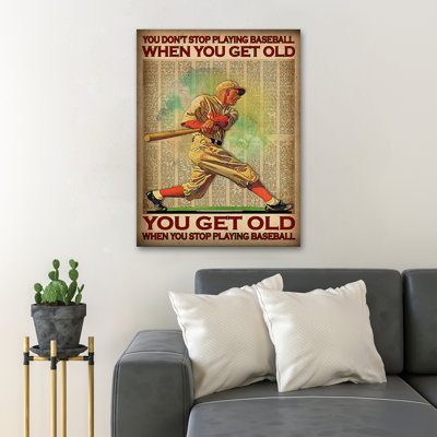 Old Man Playing Baseball - You Don’T Stop Playing Baseball… Gallery Wrapped Canvas - Sport Illustration Decor, Brown Living Room Decor