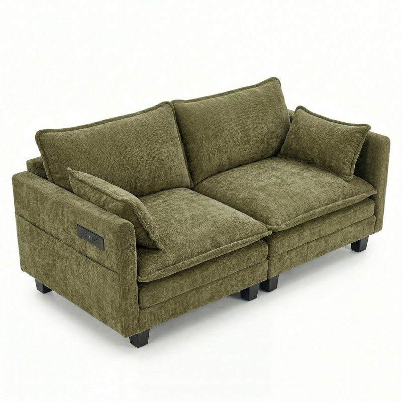 Canapé-lit moderne en chenille vert moderne, canapé compact à 2 places avec deux ports de chargement USB et poches latérales, petit canapé pour chambre, bureau et appartement.