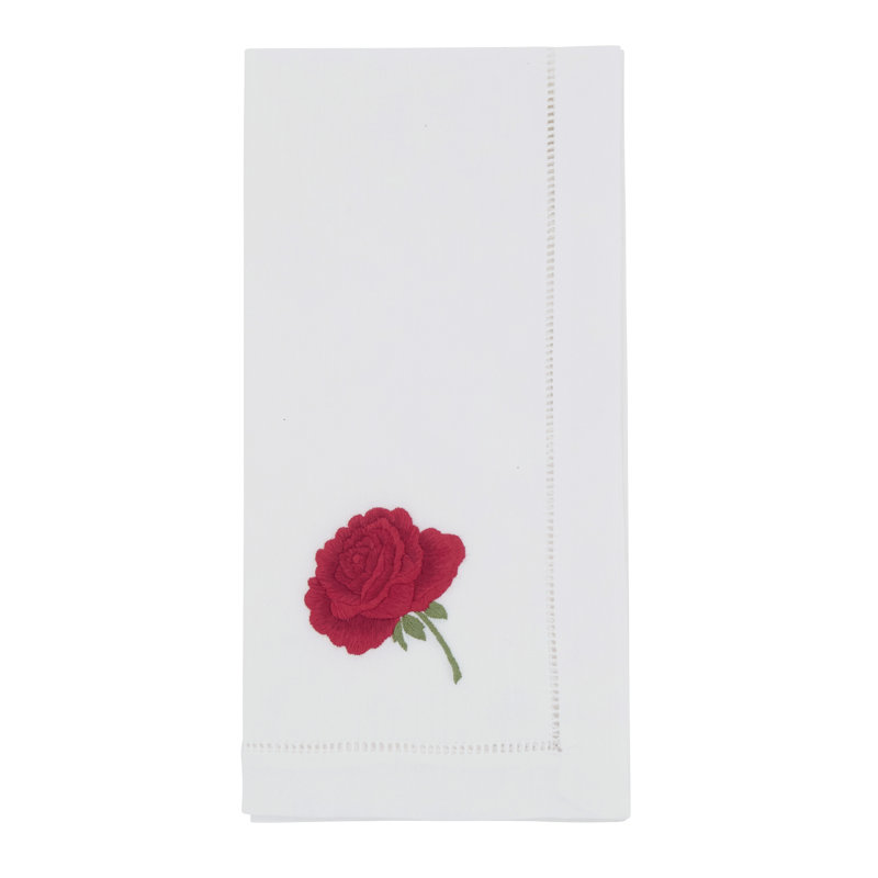 Floral Embroidered Cotton Decorative Napkins (Set of 6) – Botanical Accent Detail for Dining and Entertaining, 20"x20", Red