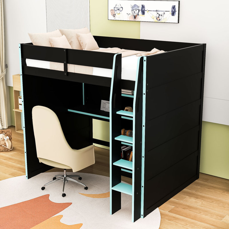 Loft Bed With Desk, Wardrobe And RGB Lights, Cloud Blue