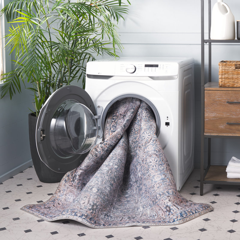 Tucson Vintage Look Machine Washable Non-Slip Area Rug in Grey/ Blue, Rectangle 152 x 244 cm