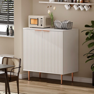 White Fluted Buffet Storage Cabinet – Wood Sideboard With Adjustable Shelf And Rose Gold Metal Legs, Accent Cabinet For Living Room Or Kitchen
