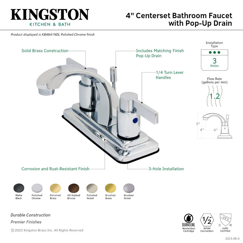 Robinet de salle de bain central à 4 poignées à 3 trous à fixation sur le comptoir à 3 trous Kingston, Laiton brossé
