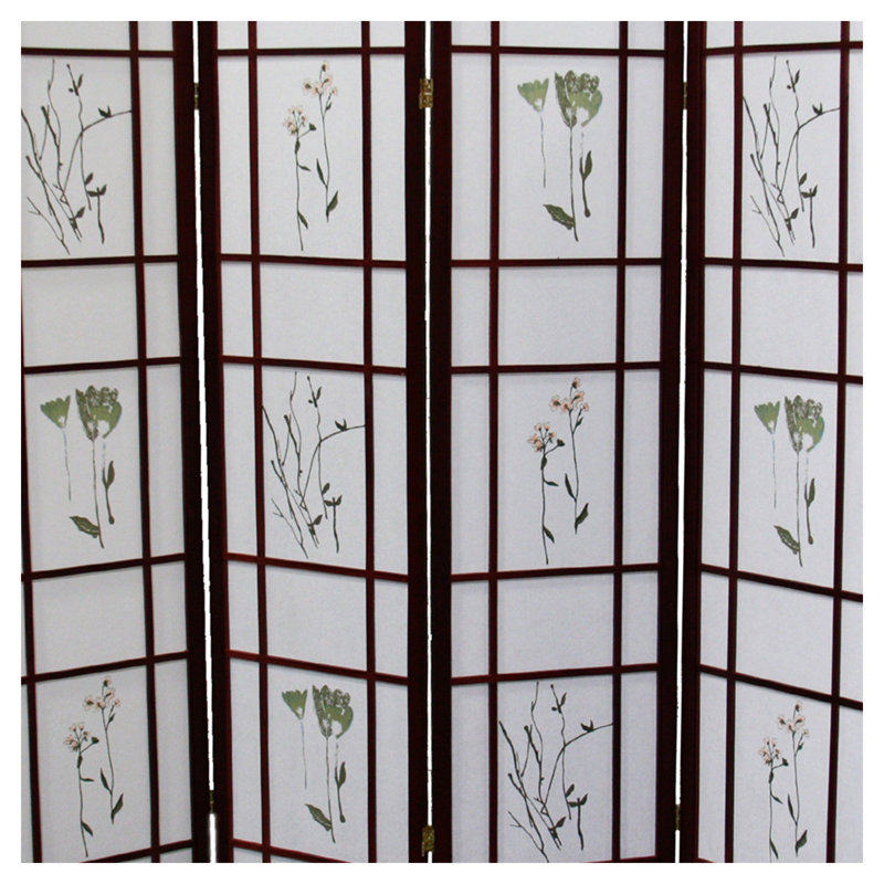 Paravent en bois à 4 panneaux de 178 cm de haut, fini cerisier, avec motif floral Shoji.