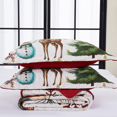 Beige Microfiber Reversible Quilt Set Chritmas Bedding Set