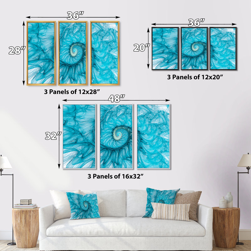 Turquoise spirale - 3 pièces, reproduction sur toile, H 20 po x l 36 po x P 1 po, Cadre blanc